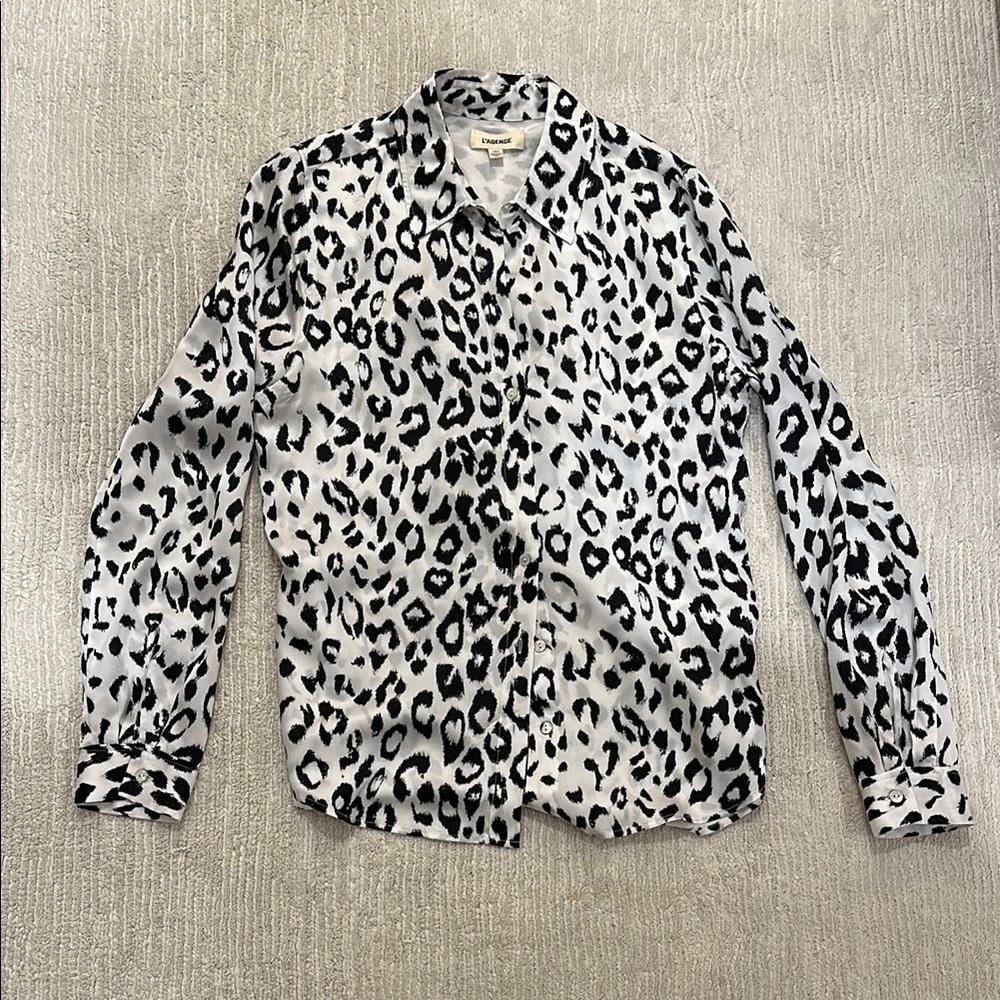 L’Agence Leopard Print Silk Shirt - Black and White